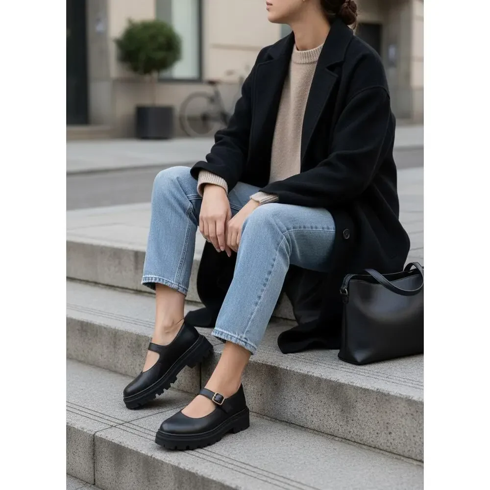 Madewell Freya Mary Jane Platform Womens 6.5 Black Leather Y2K Lugsole NG680